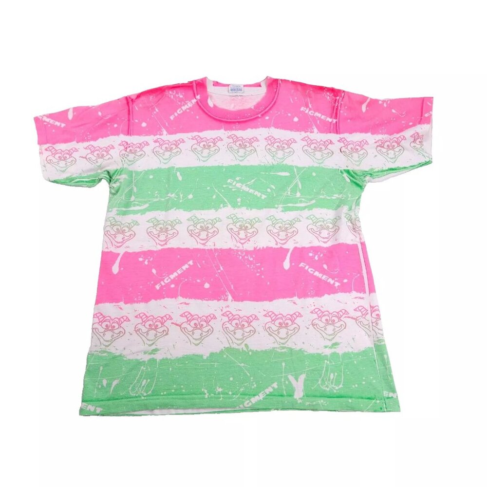 Vintage 80s Disney Figment All Over Print T Shirt Dragon Green Pink Neon L/XL